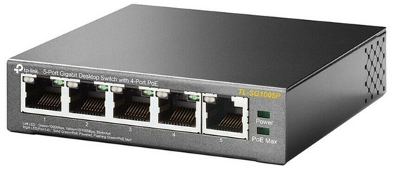 Zwarte TP-Link 5-Poorts Gigabit Desktop Switch met 4-Poort PoE. Linker LED's voor snelheid, rechter LED's voor PoE status.