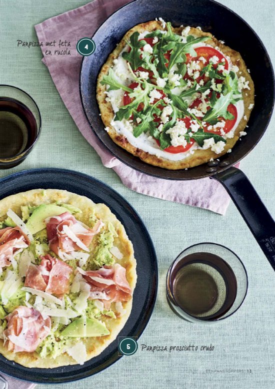 Twee panpizza's: één met feta en rucola, de ander met avocado, parmaham en kaas.