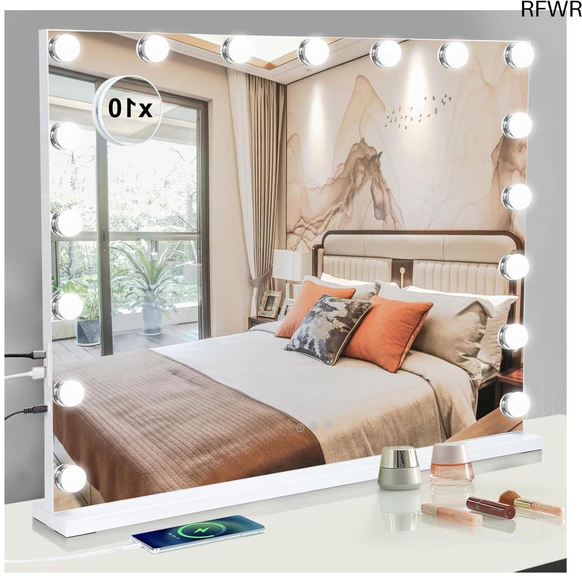 RFWR® Dimbare Make-up Spiegel met LED Lampen en Geheugenfunctie 80x62 cm