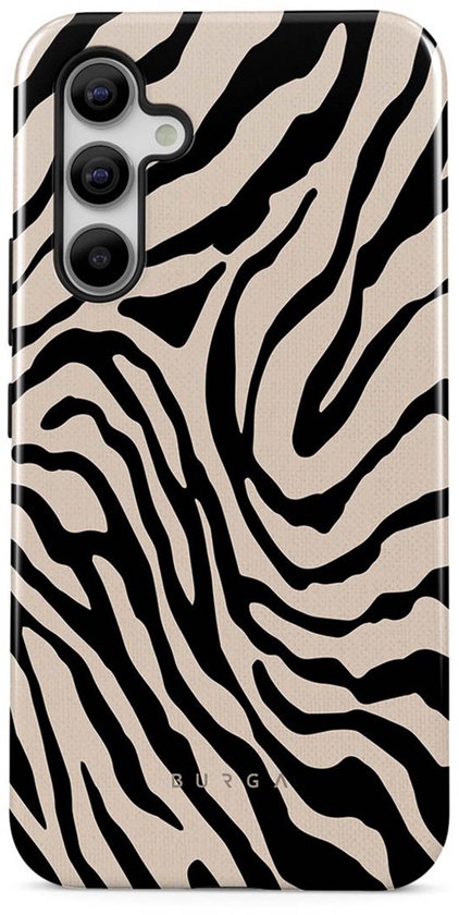 Coque de téléphone avec fond beige et motif zèbre noir.