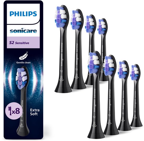 Verpakking van 8 zwarte Philips Sonicare S2 Sensitive opzetborstels, met witte en paarse borstelharen.