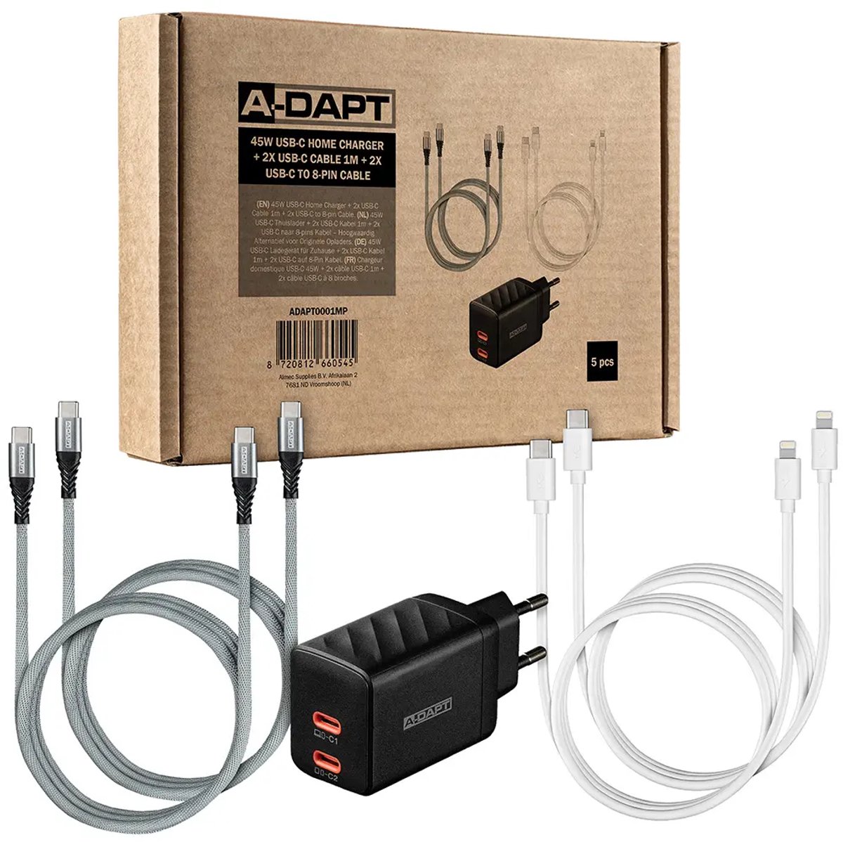 A-DAPT® Oplaadset 45W USB-C Thuislader met USB-C & 8-PIN Kabels - Geschikt voor iPhone, iPad & Android - Hoogwaardig alternatief voor originele opladers