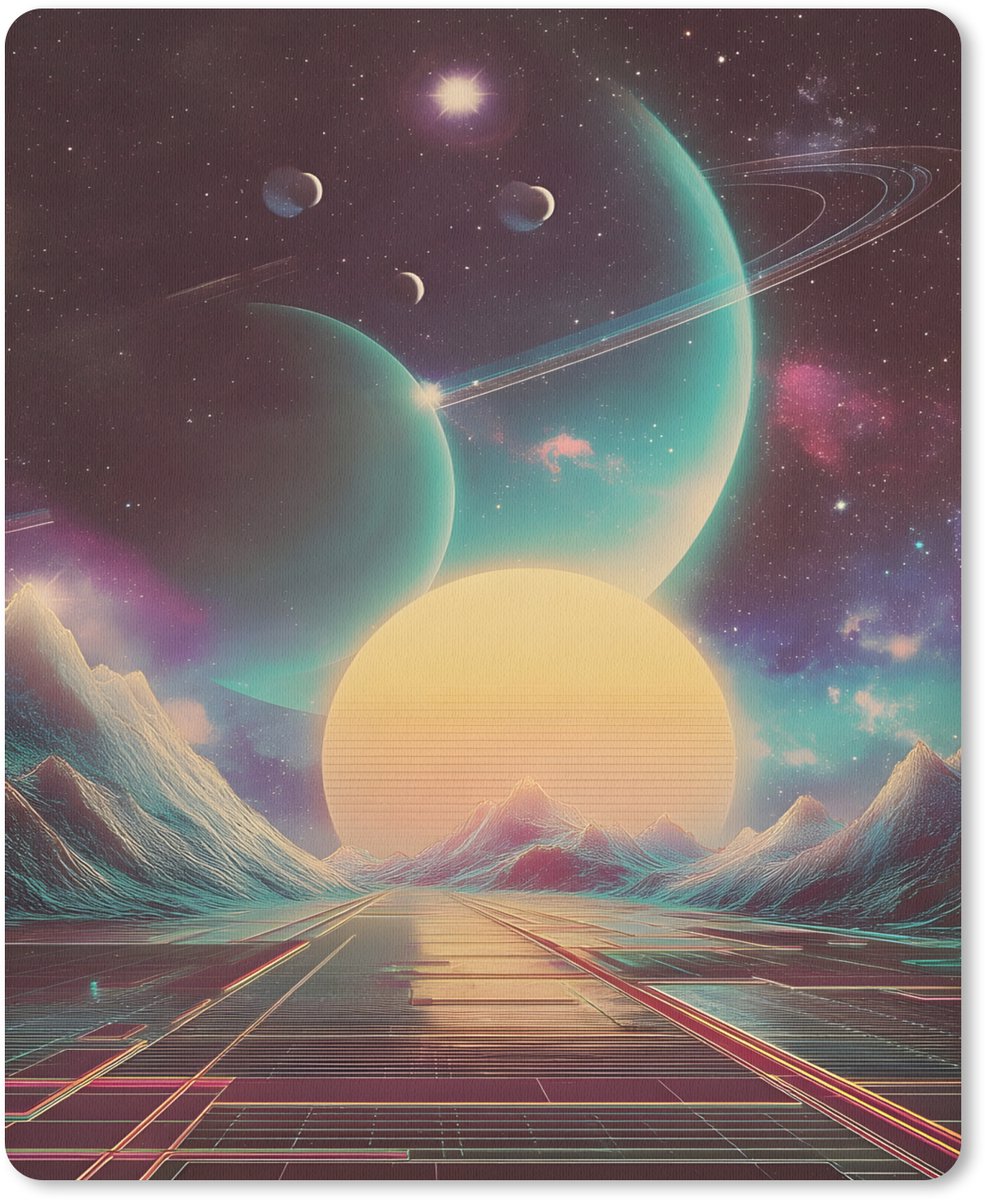 Muismat 19x23 cm - Mousepad Planeten - Neon - Berglandschap - Zon - Muismatten