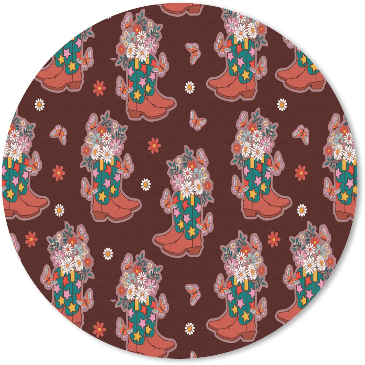 Muismat rond 40x40 cm - Mousepad Donker - Cowboy - Laars - Patroon - Ronde muismatten