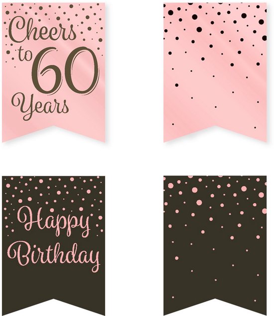 Roze 'Cheers to 60 Years' en zwarte 'Happy Birthday' banners, met voor- en achterkanten.