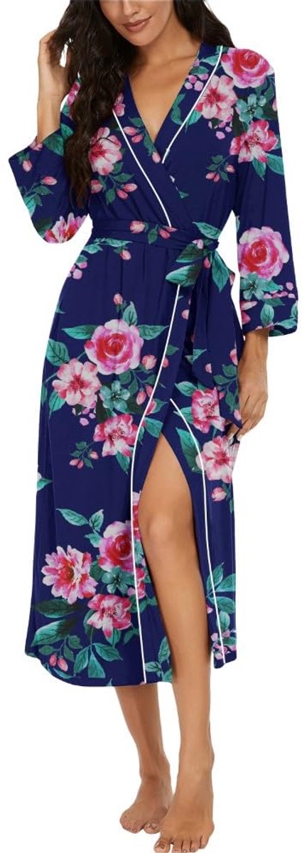 Dames Kimono Badjas - Lichtgewicht met 3/4 Mouwen - Voor Loungewear, Nachtkleding en Sauna - Marineblauw Bloemenprint, Maat XL