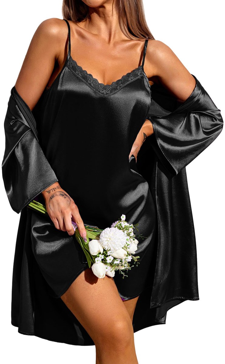 Badjas en Nachthemd Set - Satijn - Mouwloos - Tweedelig - Voor Dames - Zwart Maat L