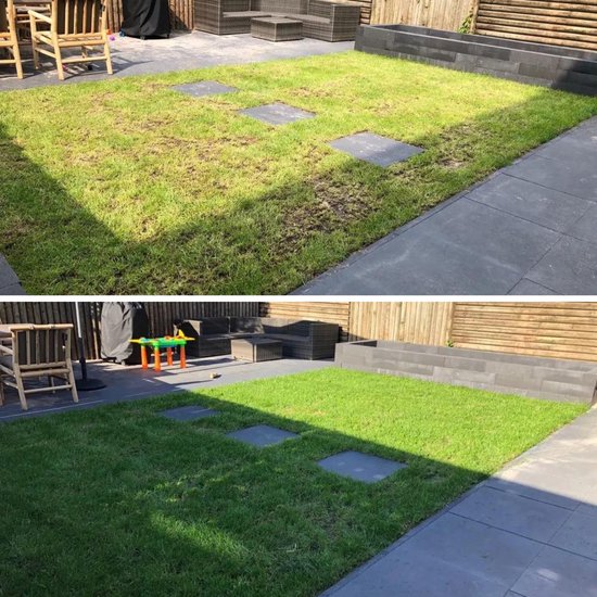 Voor en na foto van een gazon in een tuin, het gazon is van dor en ongelijkmatig naar groen en vol gegroeid.