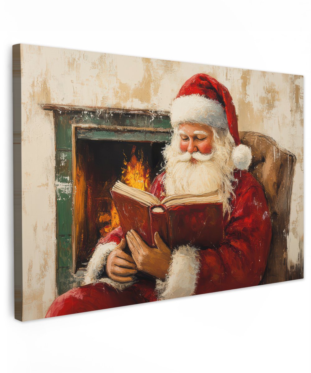 Tuinschilderij voor buiten 150x100 cm - Tuindecoratie Kerst - Kerstman - Winter - Open Haard - Tuinposter op canvas - Tuin muurdecoratie - Buitenschilderij decoratie - Schutting wanddecoratie - Buitencanvas