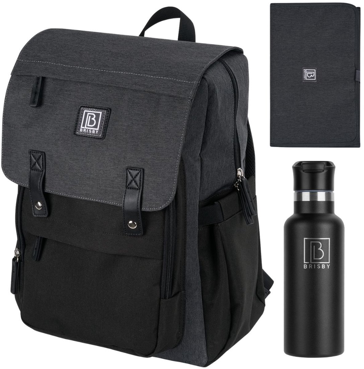 Brisby luiertas Two Toner Grijs Zwart inclusief 500 ml thermosfles Zwart – Voor ouders die praktisch, stijlvol en altijd voorbereid op pad gaan – Levenslange Garantie