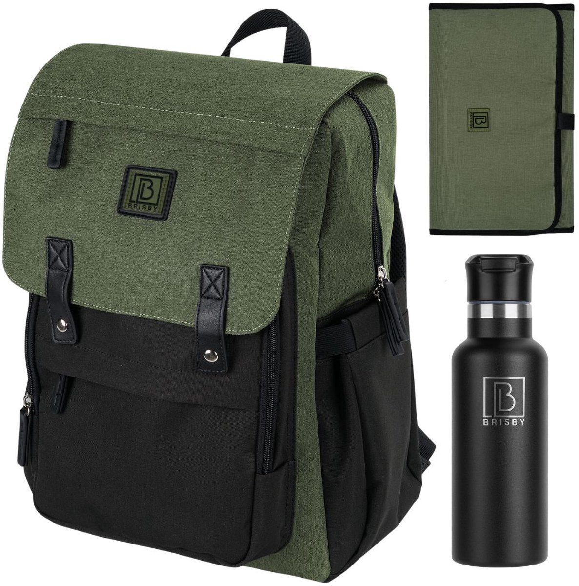 Brisby luiertas Two Toner Groen Zwart inclusief 500 ml thermosfles Zwart – Voor ouders die praktisch, stijlvol en altijd voorbereid op pad gaan – Levenslange Garantie