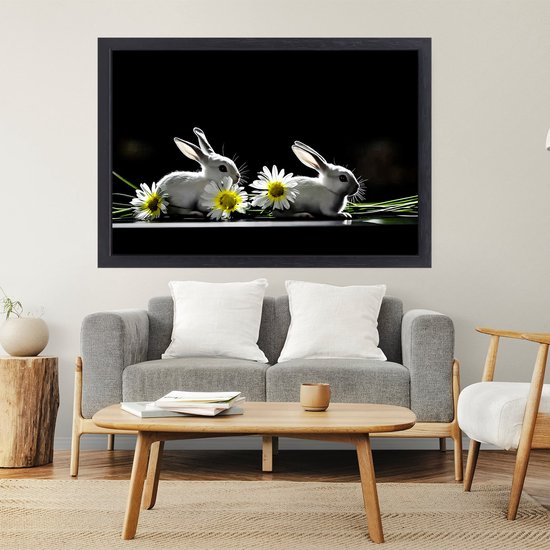 Schattige konijnen en bloemen - Konijnen schilderij op canvas - Kunstwerk bloemen - Hyperrealisme - Luxe canvas met baklijst - Muurdecoratie slaapkamer - canvas met baklijst 60x40 cm
