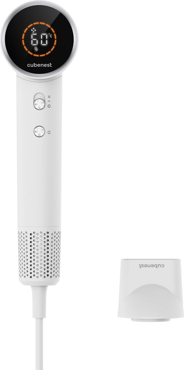 Cubenest - SwiftDry - SDH001 - haardroger - Ionische Fohn met Diffuser - Haardroger Krullen - Fohn Geluidsarm, Display in Celsius, 4 Warmtestanden, 2 Snelheden - 8 combineerbare modi - Wit