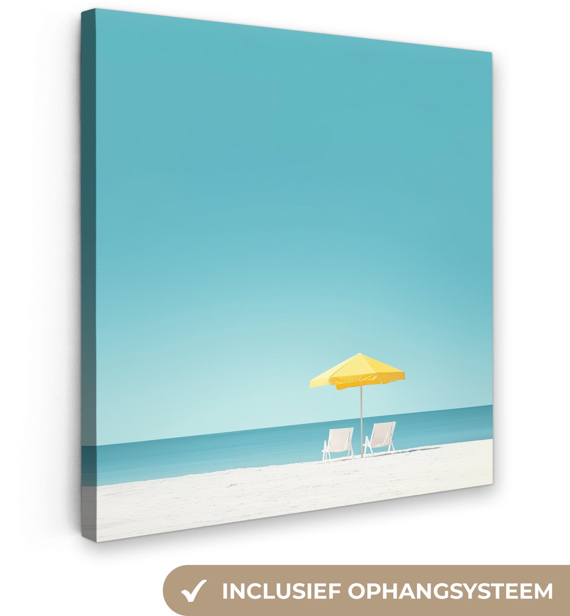 Canvas schilderij 90x90 cm - Exclusieve wanddecoratie Strand - Blauwe lucht - Geel - Paras