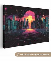 Canvas schilderij 120x80 cm - Exclusieve wanddecoratie Stad - Gebouwen - Zon - Geel - Muurdecoratie game room - Gaming kamer decoratie - Gameroom accessoires - Schilderijen