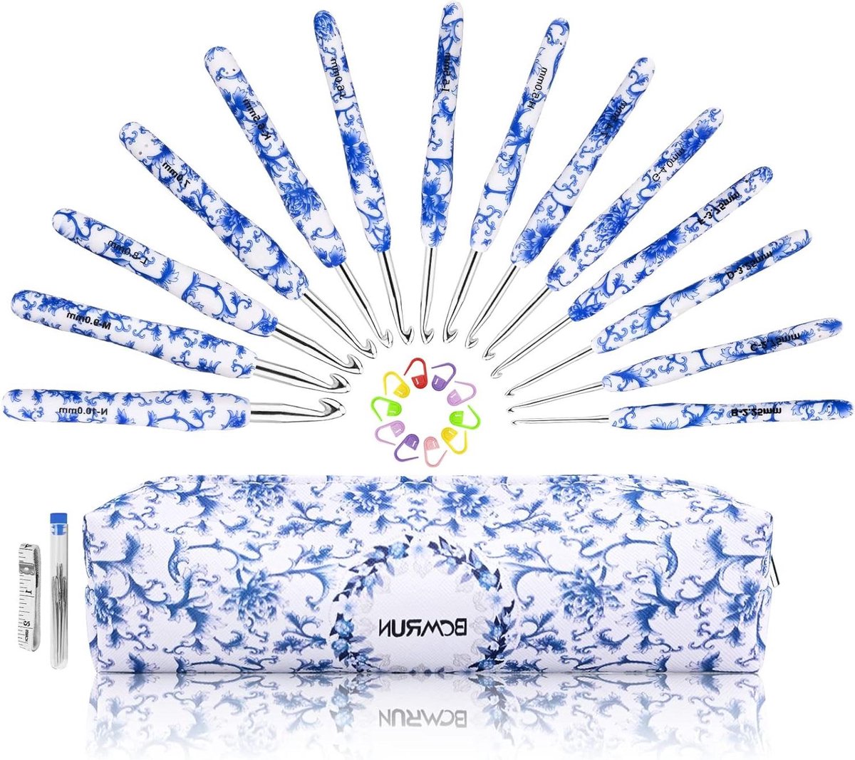 JGS Premium - Haaknaalden Set met Blauw en Wit Porselein Patroon - 14 Maten - Artritis Handen - Beginners - Moederdag Cadeau - 225 mm tot 10 mm - Azure Kleur
