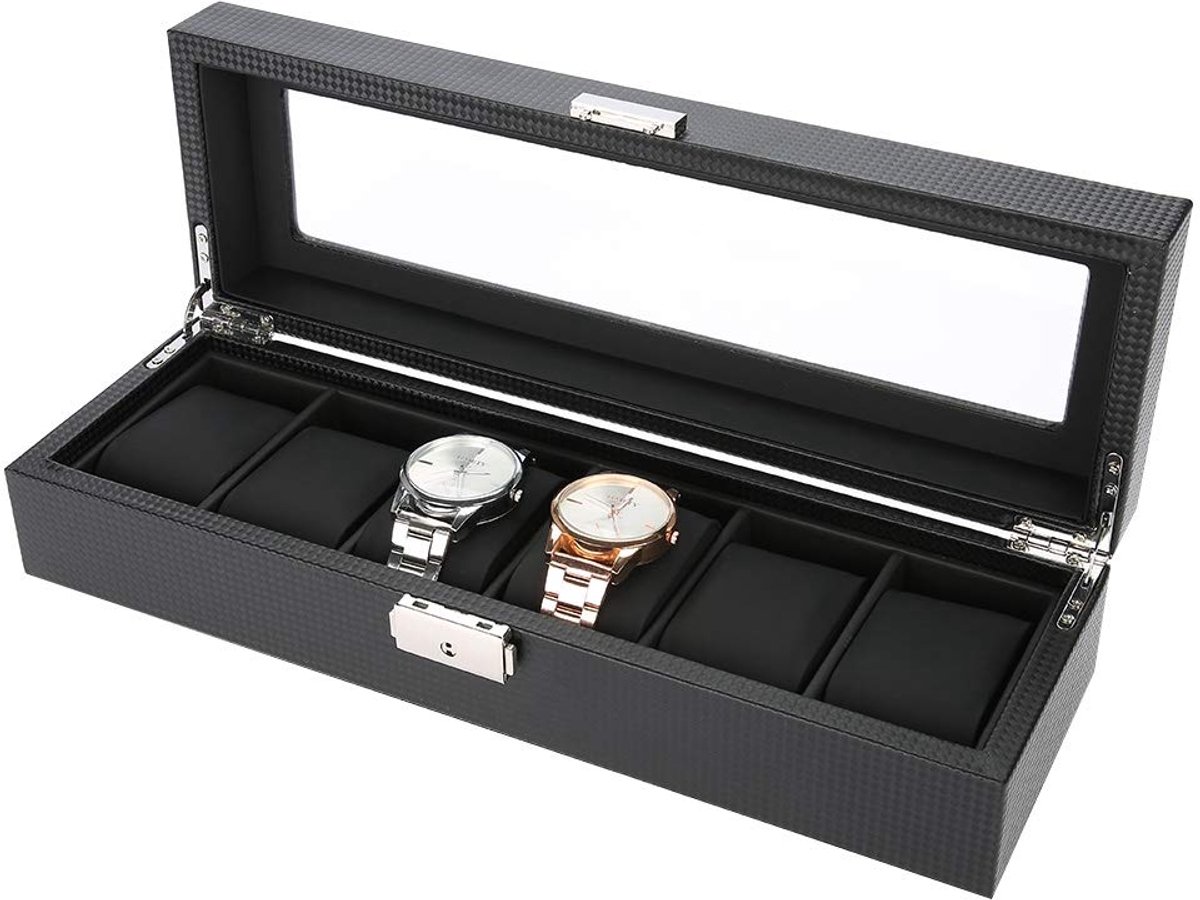 Horlogedoos met 6 compartimenten, 6 houten horlogedozen, horlogedoos horloge opbergdoos, horlogedoos met glazen deksel horloge kussen, sieradendoosjes PU leer voor cadeau voor vriend echtgenoot (zwart)