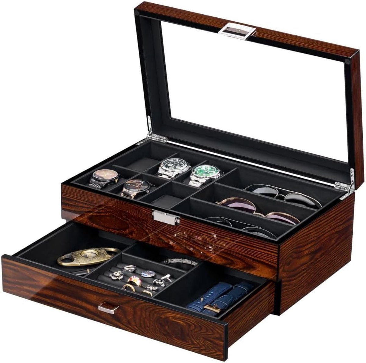 Herenhorlogebox met 6 compartimenten en 3 vakjes voor een zonnebril, houten horlogebox met lade, horlogekast voor heren en dames, glad imitatieleren interieur, bruin ESSH32Y