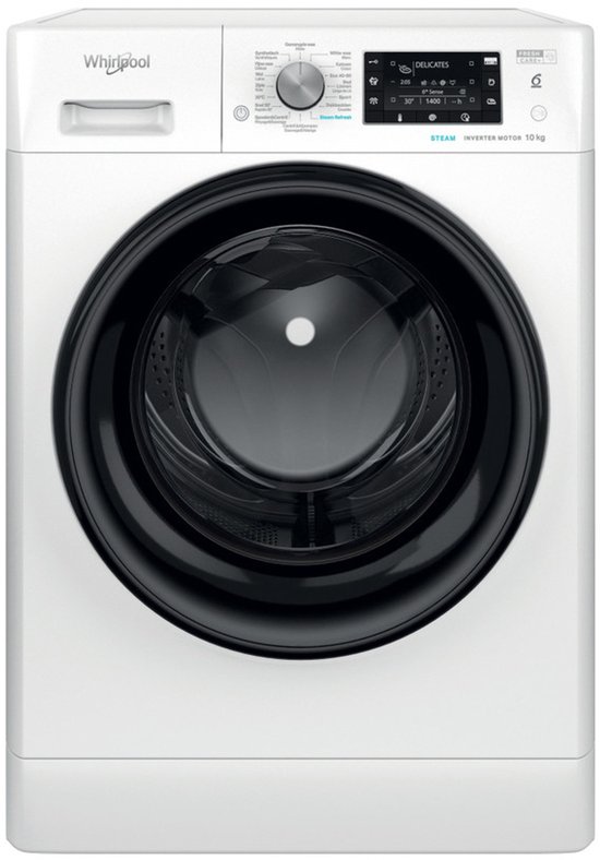 Witte Whirlpool wasmachine met zwarte deuropening en bedieningspaneel met display.