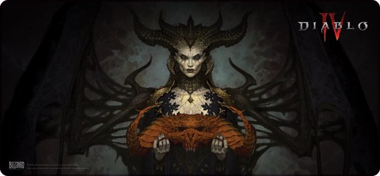 Diablo IV art met Lilith, met hoorns en vleugels, die een oranje schedel vasthoudt.