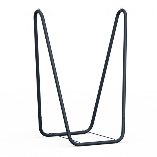 Donkergrijze, metalen standaard in V-vorm voor een hangmat of hangstoel, op witte achtergrond.