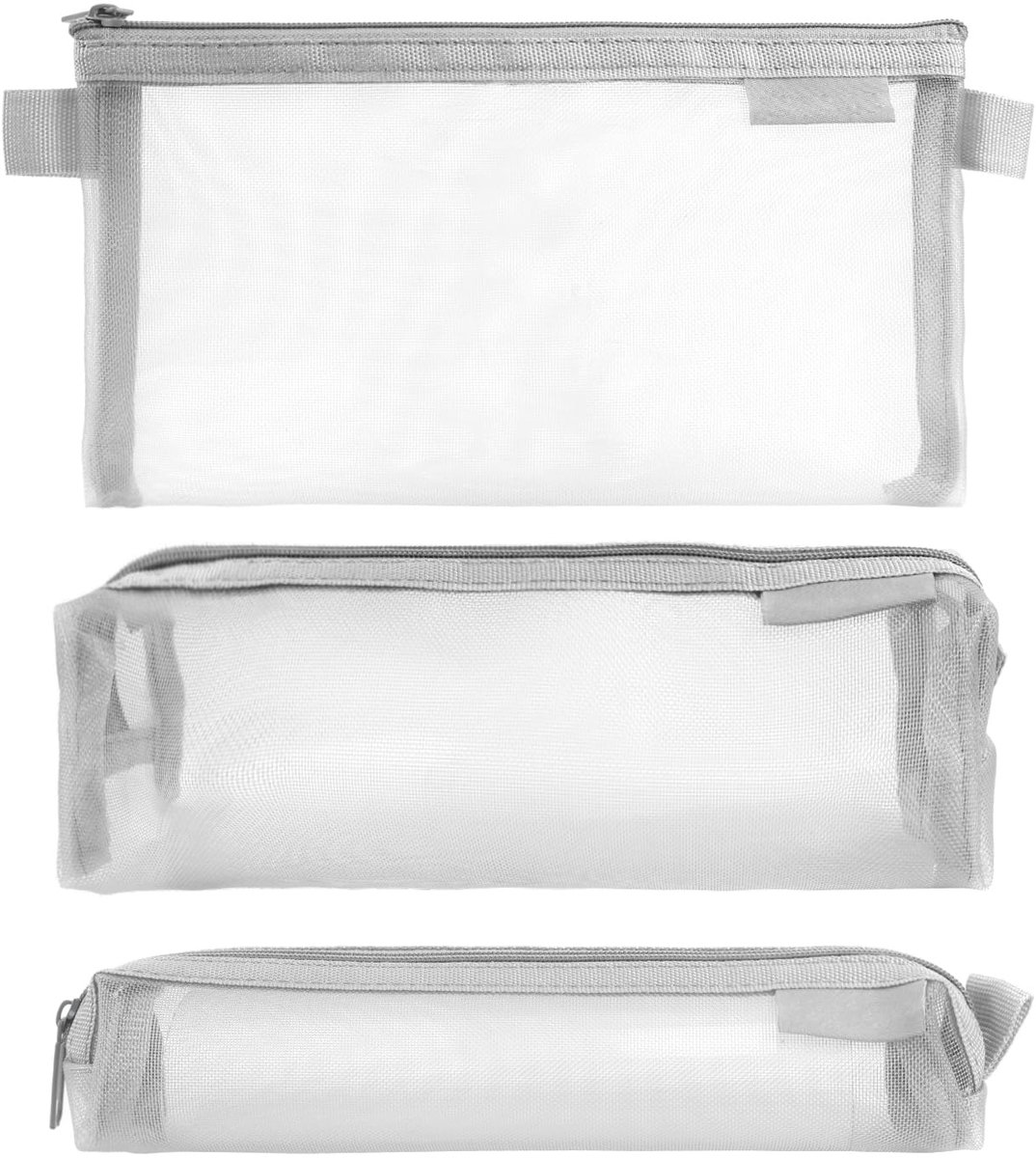 3 Stuks Transparant Etui Set - Mesh Pennenzak 20 cm - Voor School & Reizen - Grijs