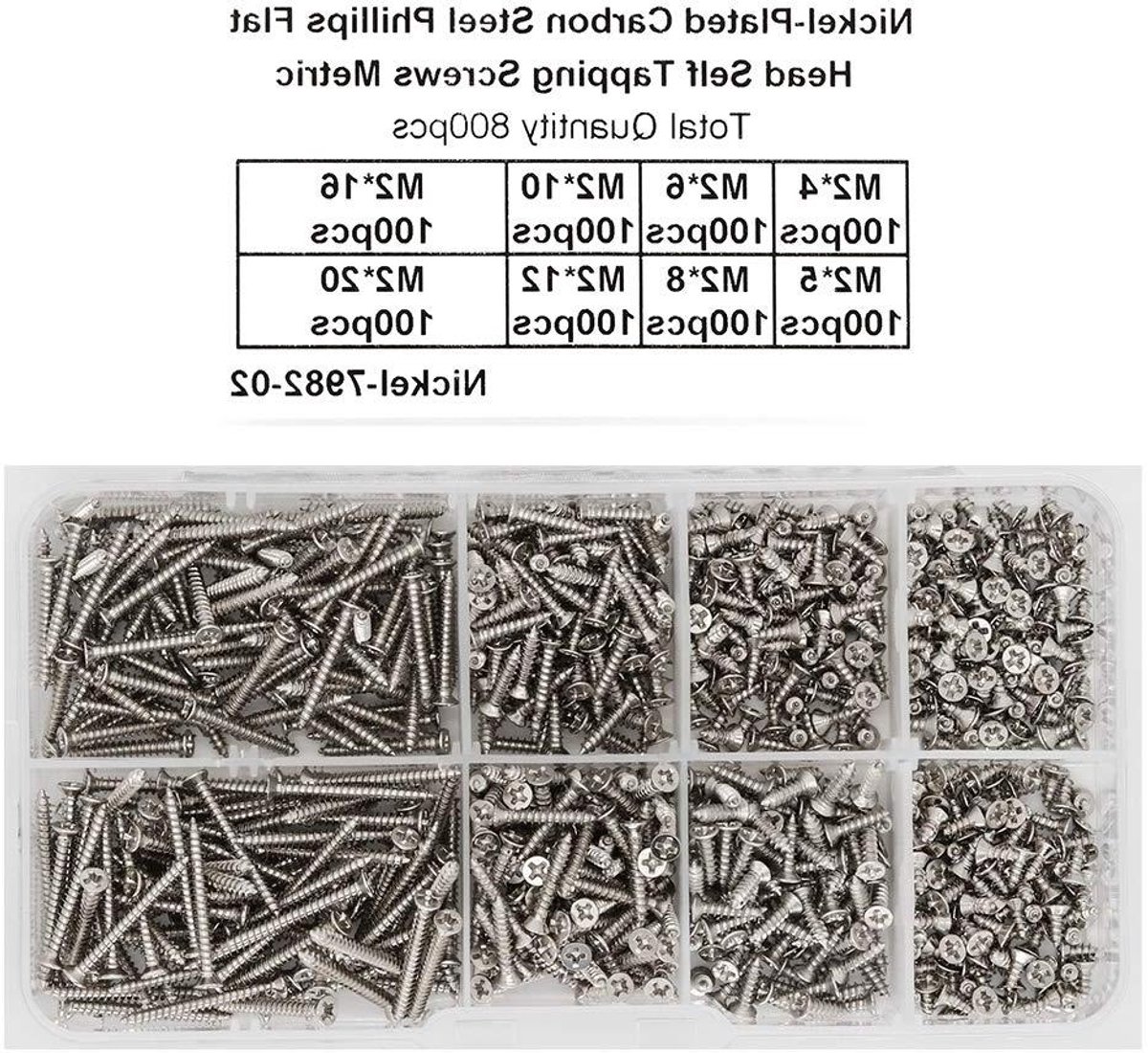 Allecto Plus - 800 stuks roestvrijstalen platte kop M2 zelftappende schroeven met assortimentdoos