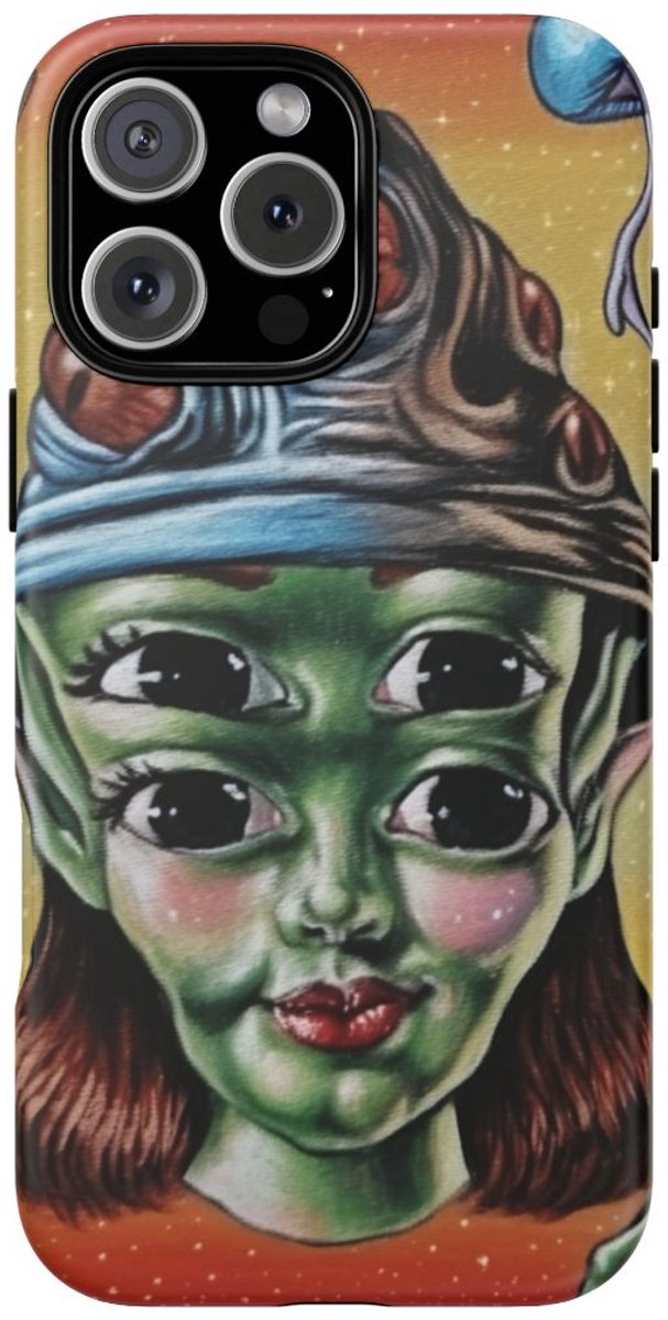 Vierogige Alien met Kosmische Elementen – Telefoonhoesje Geschikt voor iPhone 16 Pro Max