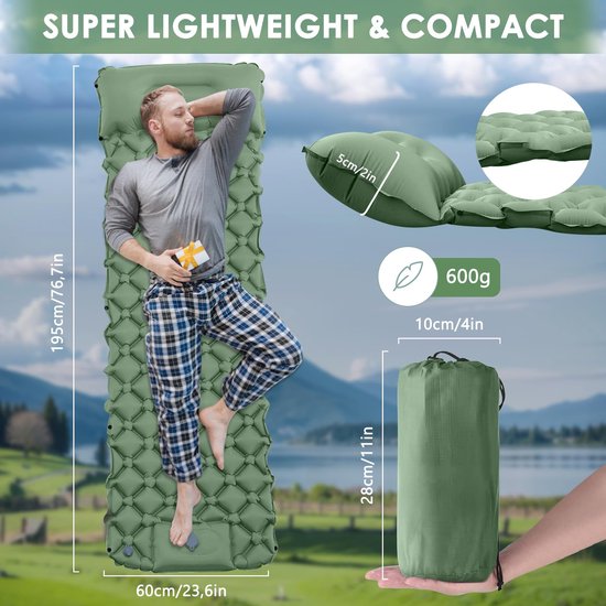 Unyqoos® Zelfopblazende Ultralichte Slaapmat met Kussen voor Kamperen en Outdoor Avonturen van Merkloos — afbeelding 2