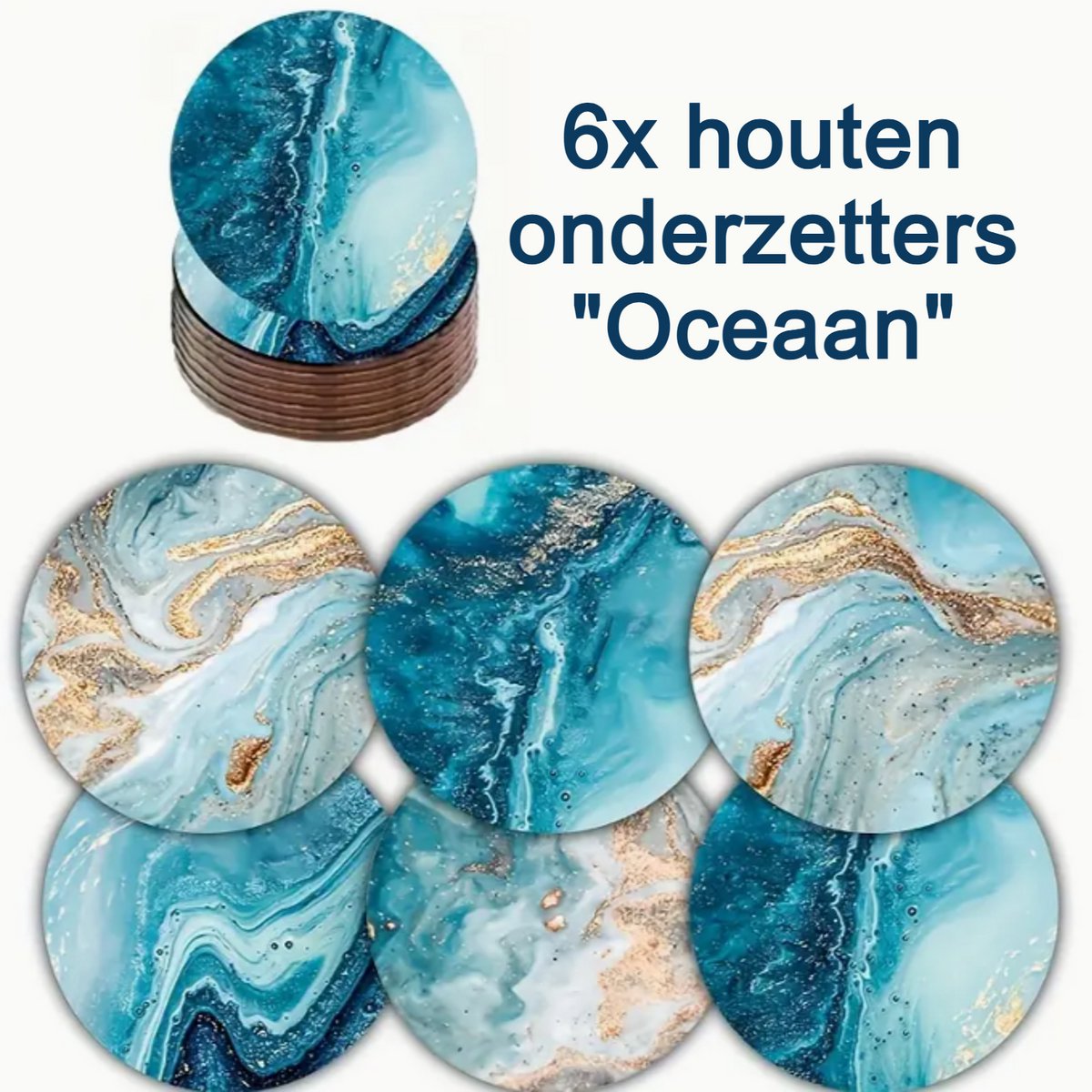 Set van 6 Houten Onderzetters Oceaanthema - Decoratief 10 cm - 6 stuks