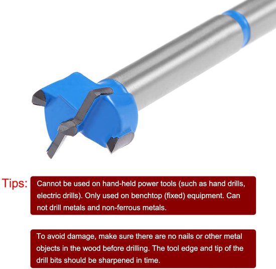 Close-up van houtfrees boor met blauwe kop en zilverkleurige schacht. Tips: Niet voor handgereedschap.