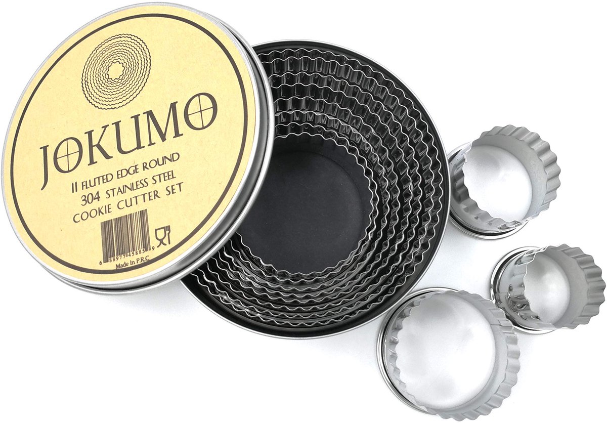 JOKUMO 11-delige set ronde deeg-/koekjesvormpjes met verschillende maten, zwaar uitgevoerd in roestvrij staal 18/8 304 - metalen graveermaat - blikken opbergdoos voor koekjes, gebak, bakken en muffins