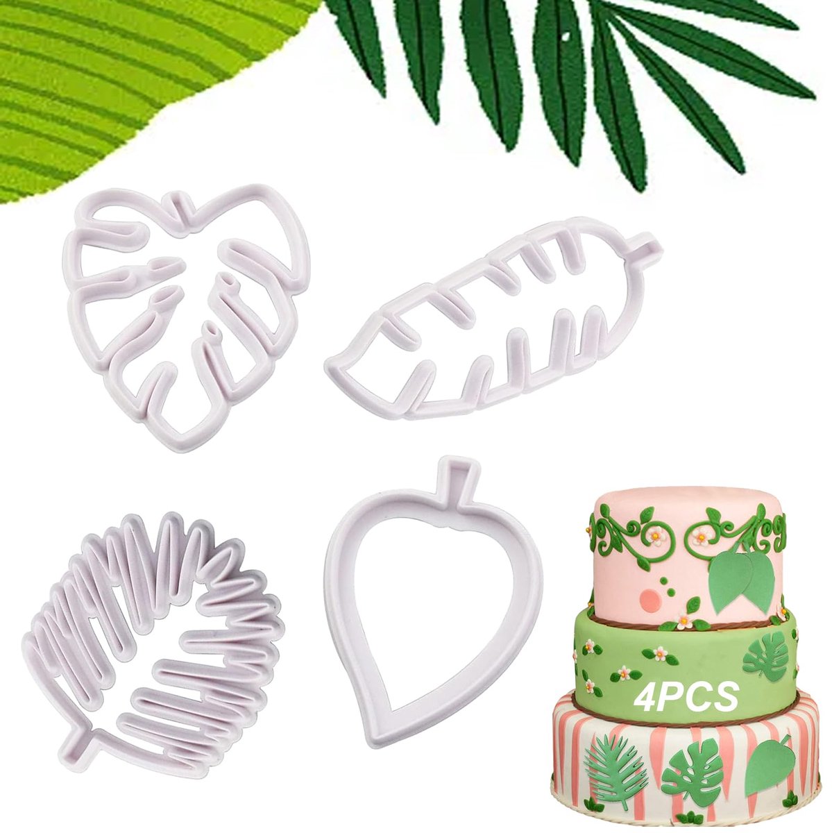 Set van 4 koekjesvormpjes in de vorm van bladeren, bakaccessoires voor taarten, tropische koekjesvormen in verschillende vormen, mini-koekjesvormpjes voor taarten, doe-het-zelf bakgereedschap voor koekjes, fondant en taarten