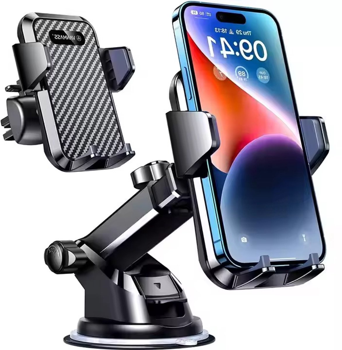 Universele Telefoonhouder Auto- 360 Draaibaar & Verstelbaar- Sterke Zuignap- Voorruit en Dashboard- Geschikt voor 3.5 t/m 6.5 inch smartphones- Eenhandsbediening Stevige Grip- Ideal voor Navigatie en Handsfree Bellen.