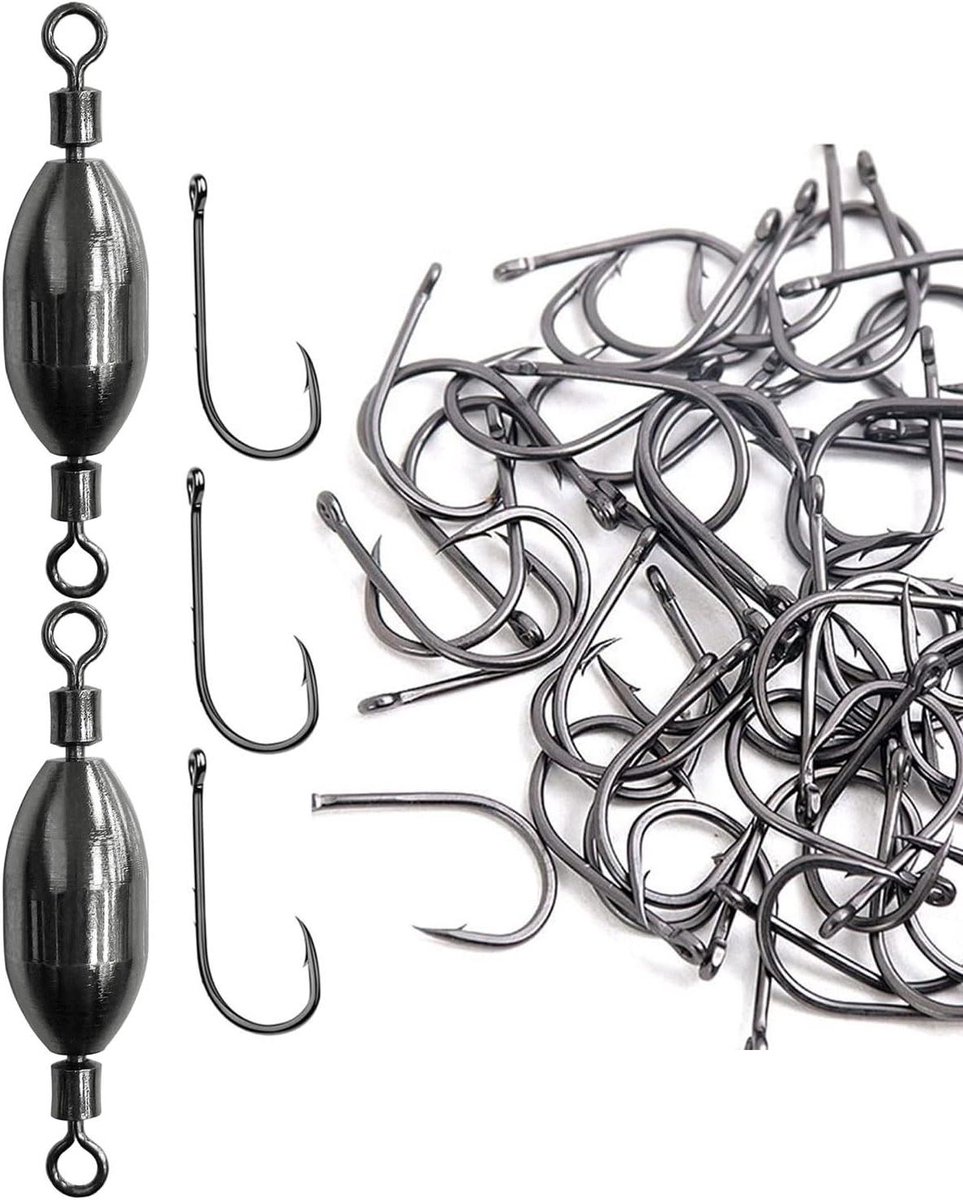 Allecto Plus - 100 vishaken van koolstofstaal met weerhaken en gaten - visaccessoires voor hengelen - inclusief 2 wilgenkoperen hangers met gewichten