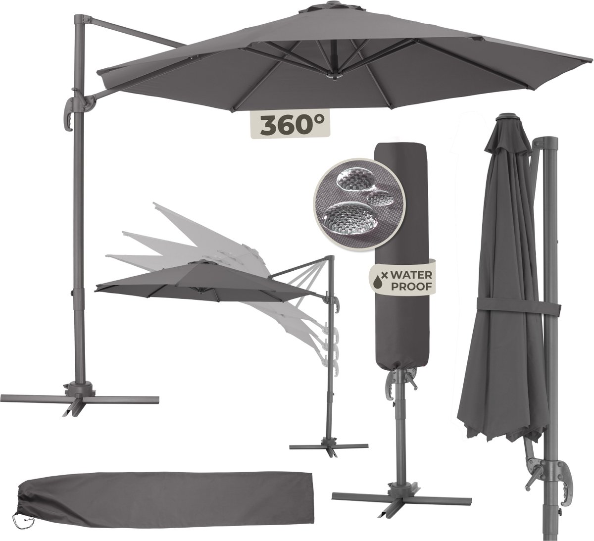 tectake® - Grote zweefparasol met beschermhoes, Ø 300 cm, in hoogte verstelbaar, opvouwbaar, met voetpedaal en zwengel - UV-bescherming 50+ - Tuinparasol, voor terrasoverkapping of balkon - grijs
