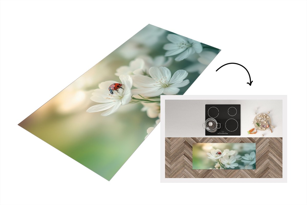 KitchenYeah Keukenloper 120x50 cm - Keukenmat vinyl Lieveheersbeestje - Bloemen - Wit - Keukenmatten loper - Keuken vloerkleed tapijt