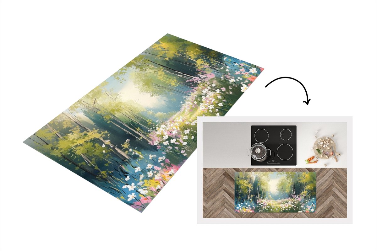 KitchenYeah Keukenloper 120x60 cm - Keukenmat vinyl Bos - Schilderstijl - Kleurrijk - Keukenmatten loper - Keuken vloerkleed tapijt Landschap - Bos