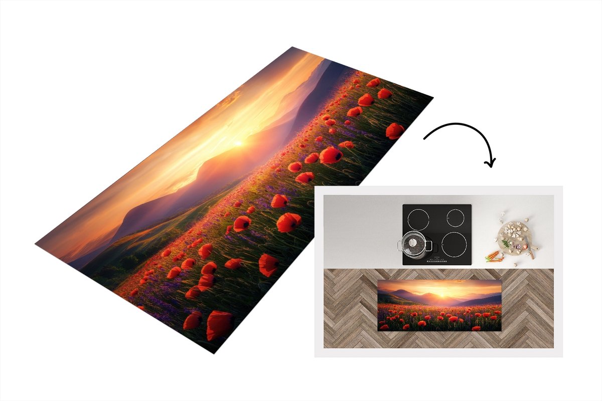 KitchenYeah Keukenloper 120x50 cm - Keukenmat vinyl Landschap - Zonsondergang - Bloemenveld - Keukenmatten loper - Keuken vloerkleed tapijt Bloemen - Klaprozen