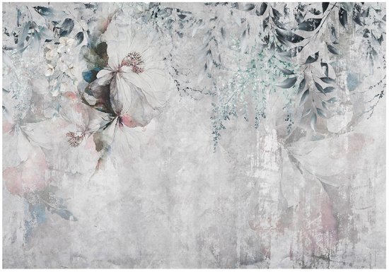 WALLARENA - Fotobehang - 200x140 cm - bloemen op betonnen bladeren voor slaapkamer woonkamer