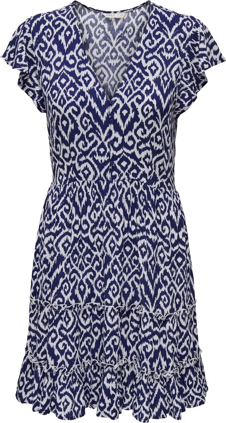 Image détaillée d'une robe bleu et blanc avec décolleté en V, manches courtes à volants, taille élastique et ourlet à volants. Motif ikat.
