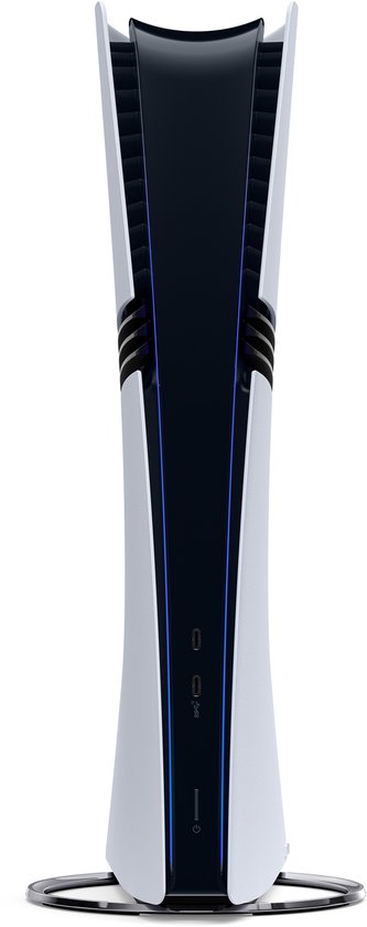 De voorkant van de PlayStation 5 Pro console, wit met zwarte strepen en blauwe verlichting.