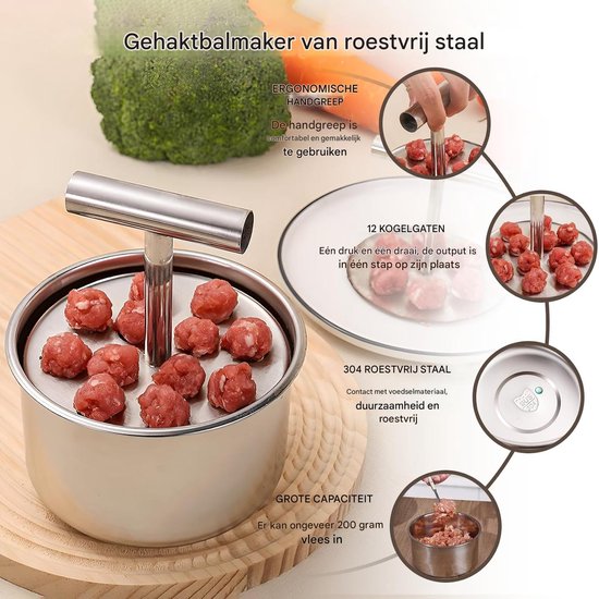 Roestvrijstalen gehaktbal lenmaker - 12 gehaktballen handmatige pers gehaktbal lenmaker - Draagbare gehaktbal lenmaker - Eenvoudige roestvrijstalen gehaktbal lenmaker - Keukengereedschap voor thuis koken - Zilver van Merkloos — afbeelding 5