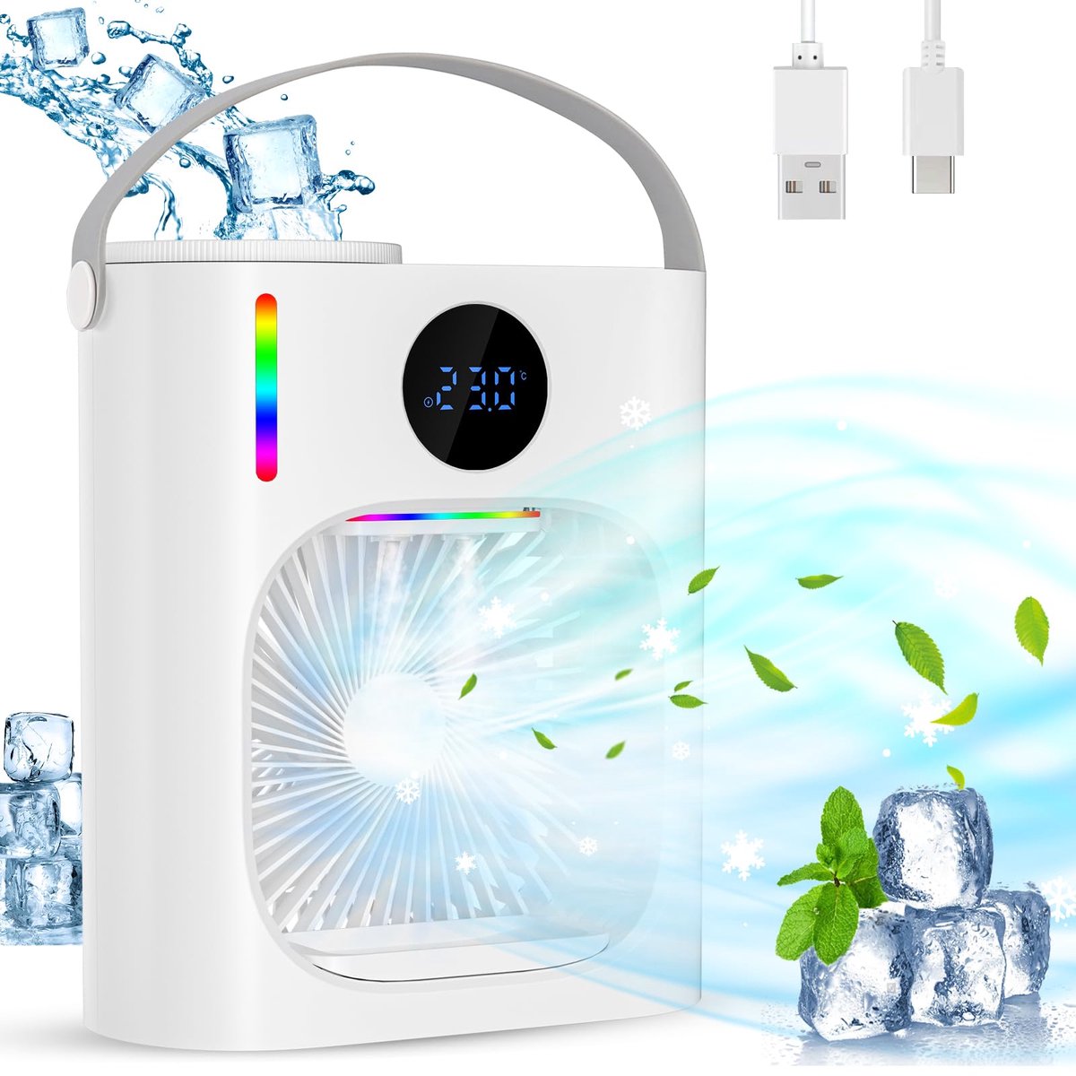 Unyqoos® Compacte Draagbare 4-in-1 Mini-Airconditioner met Koelnevel en Nachtlampje
