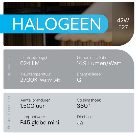 Productkenmerken van Modee halogeenlamp: 624 LM, 2700K warm wit, 1500 uur, P45 globe mini, dimbaar.