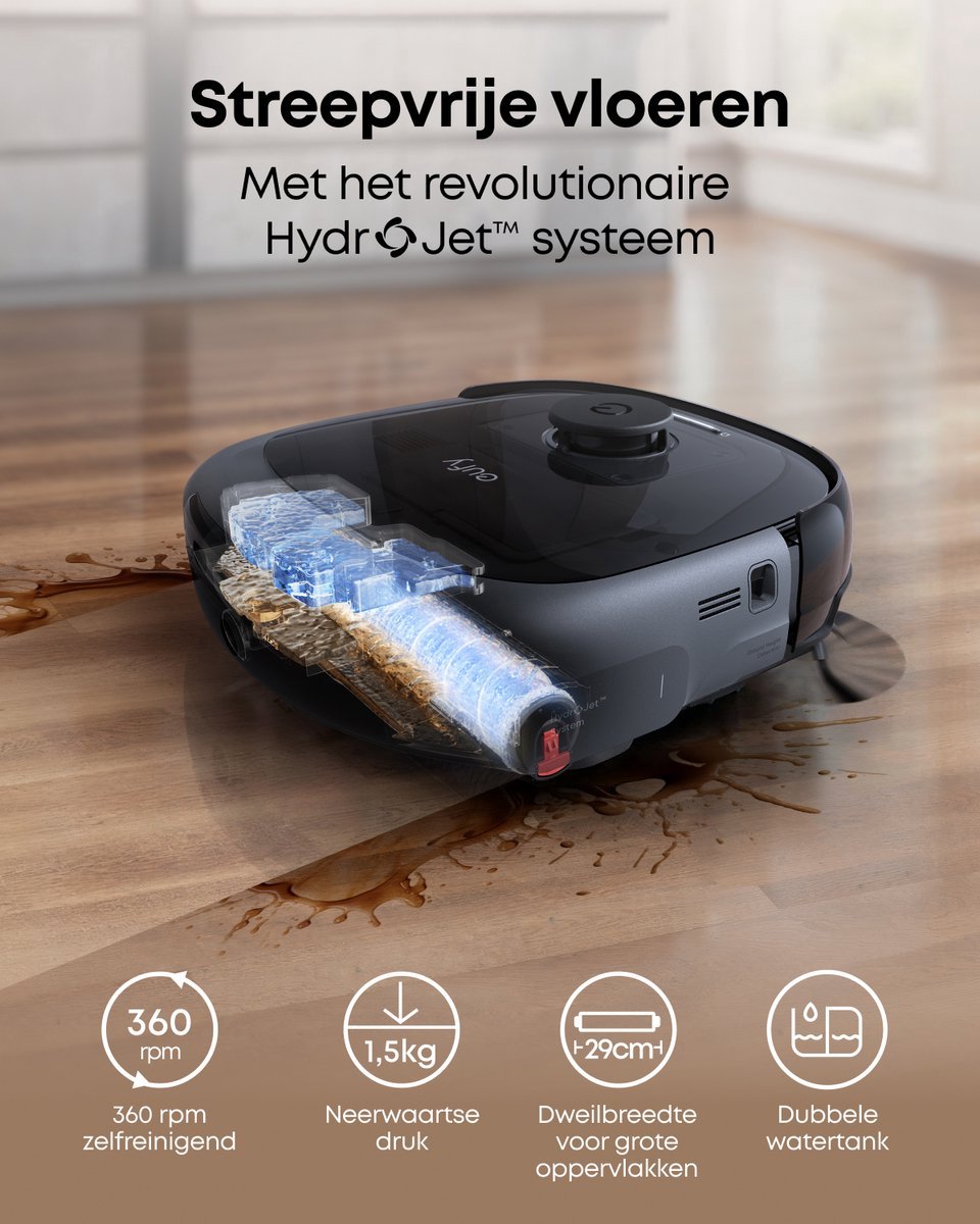 Afbeelding 3 van eufy Omni E25 - Robotstofzuiger met Vervangingssets - HydroJet dweilsysteem - 20.000 Pa zuigkracht - DuoSpiral borstels die ontklitten - CornerRover arm voor het schoonmaken van hoeken - alles-in-één station