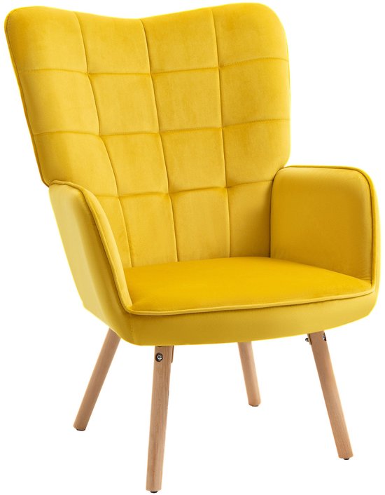 HOMCOM Fauteuil Woonkamer Lounge Stoel Relaxstoel Met Houten Poten Leesstoel Fluwelen Look Gestoffeerde Voor Slaapkamer Geel 2138295889