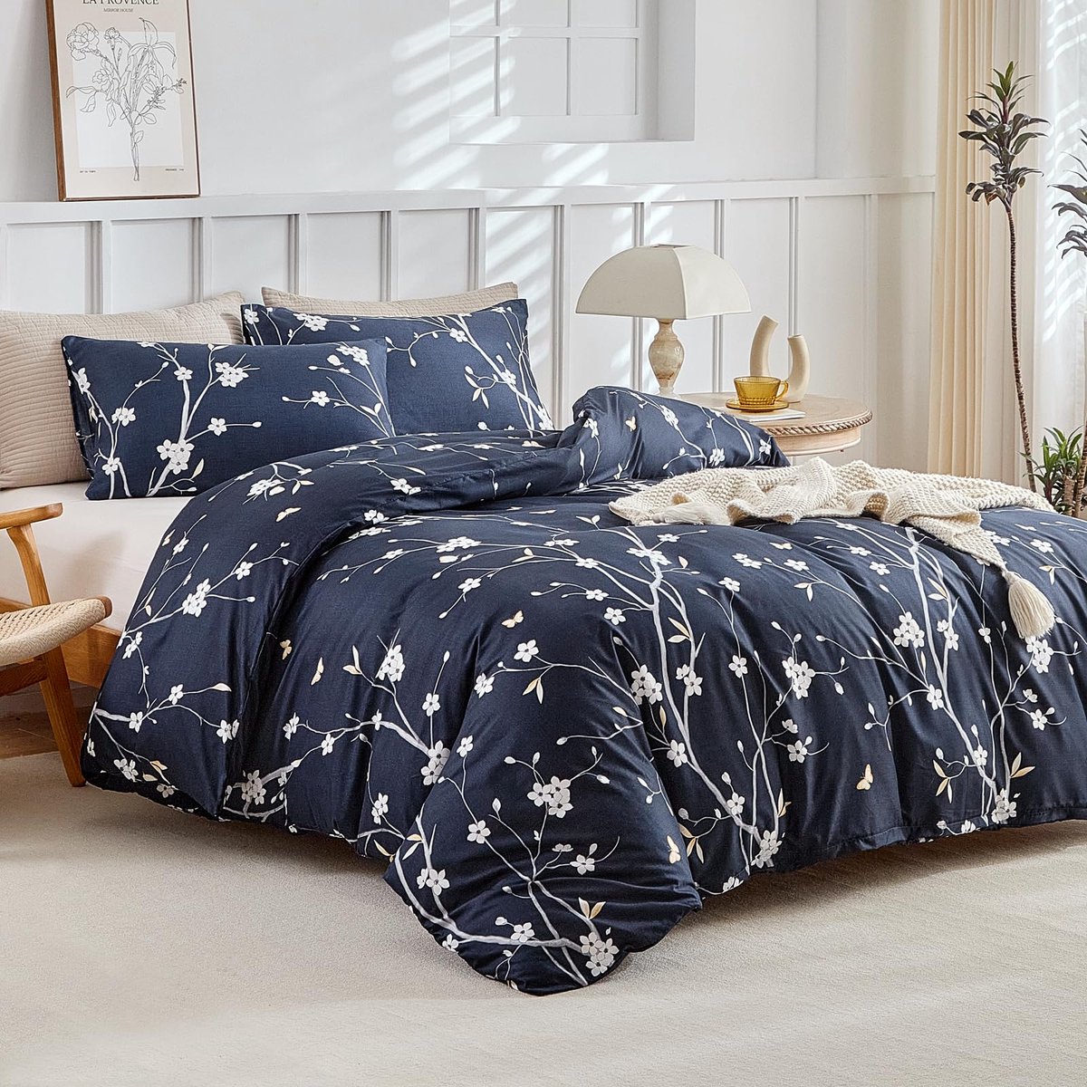 Ibenzoa Beddengoed Set 3-delig, Bloemenpatroon Microvezel - 200x200 cm Dekbedovertrek + 2 x 80x80 cm Kussenslopen - Marineblauw donkerblauw