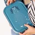 Blauwe lunchbox met witte dinosaurusprint en een dinosaurus erop, vastgehouden door handen.