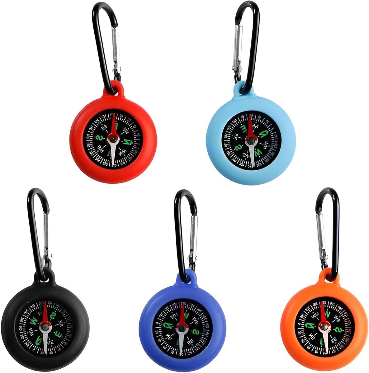 Allecto Plus - Set van 5 stuks kompas sleutelhouders met karabijnhaak voor outdooractiviteiten - Ideaal voor kamperen en wandelen in de natuur.